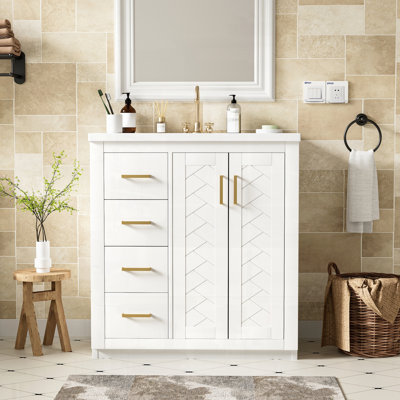 Meuble-lavabo autoportant en bois massif avec lavabo et tiroirs