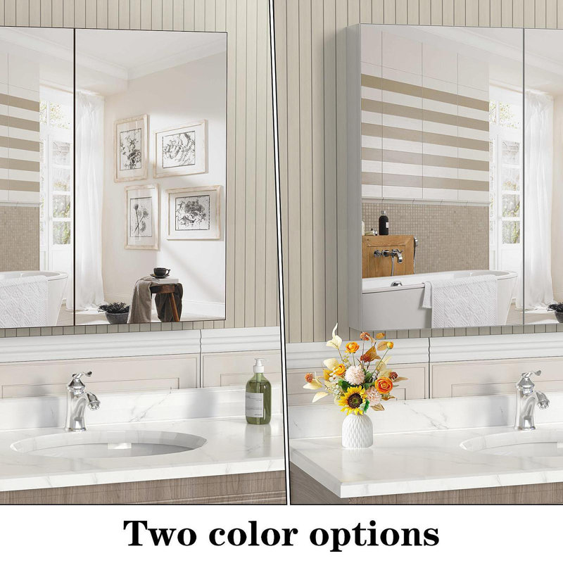 Armoire à pharmacie 32 po x 28 po avec miroir pour salle de bain, miroir de salle de bain mural avec rangement, tablettes réglables, cadre en aluminium, fixation en surface argent