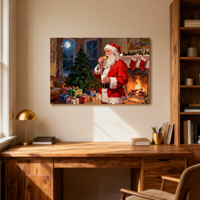 Christmas Santa Claus Eating Cookie With Milk, 12" H x 18" W