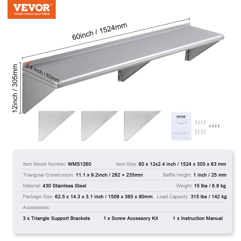 VEVOR 62" Stainless Steel Wall-Mounted Floating Shelf