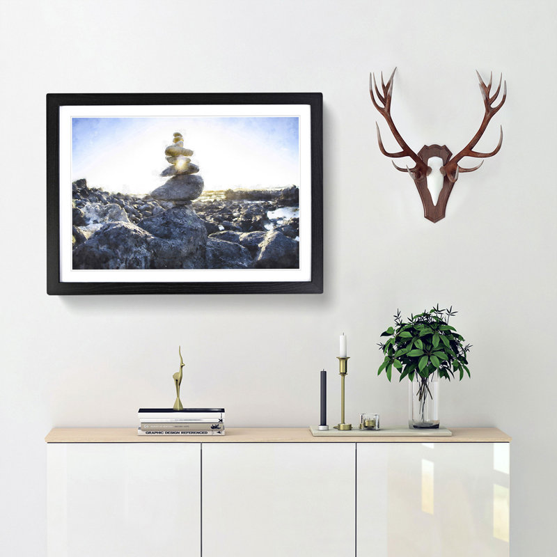 Rock Cairns with Sunlight - Framed Print, 62cm H x 87cm W x 2cm D, Black Framed