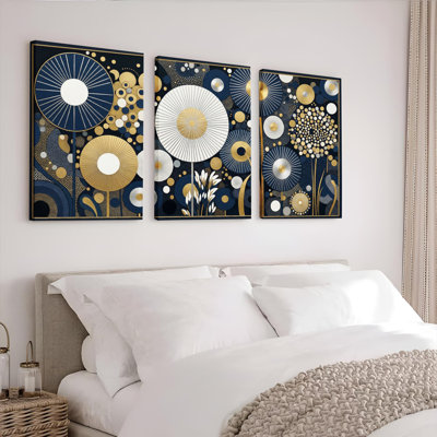 Ensemble de 3 tableaux sur toile à motifs floraux géométriques abstraits, pour la décoration du salon et de la chambre.