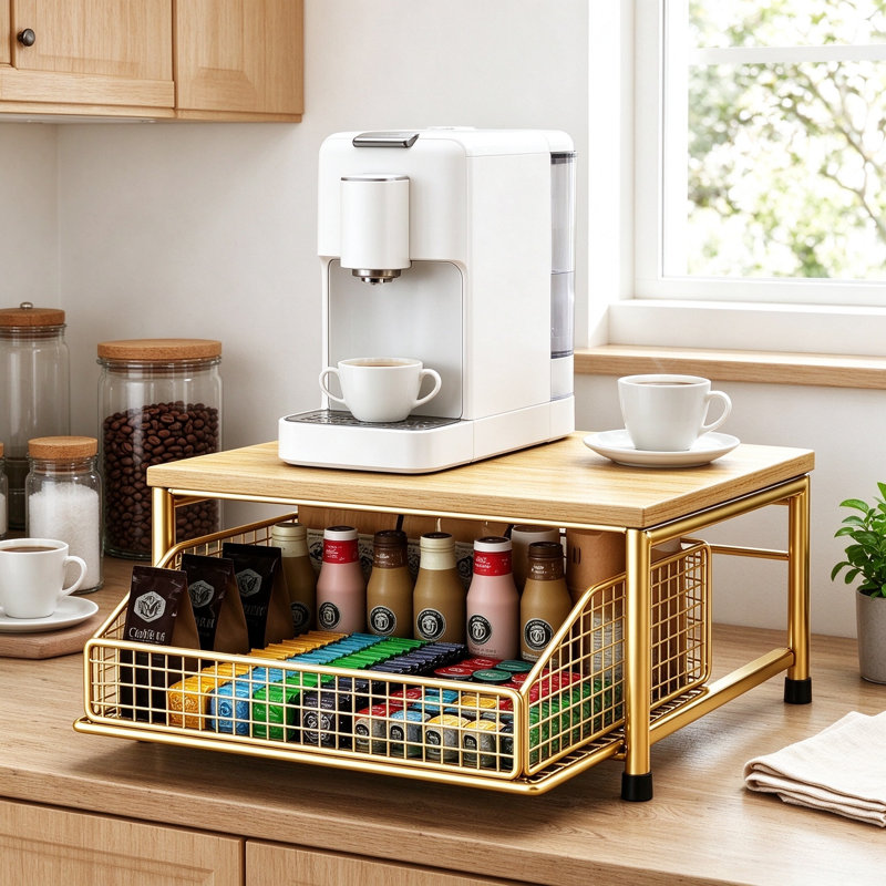 Coffee Pod Drawer and Counter Coffee Bar Organizer with Steel Frame and Wood Top for Home Kitchen Storage