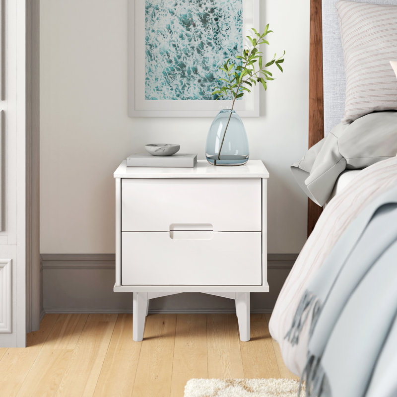 Solid Wood Groove Handle 2-Drawer Nightstand, White