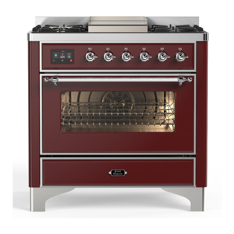 Majestic III Series 36 Inch Dual Fuel Range with 6 Sealed Burners, Griddle, in Burgundy (Liquid Propane, Chrome Trim), Chrome