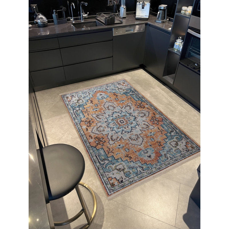 Tapis décoratif bleu à motif traditionnel bleu et orange, Tapis de couloir 2 pi 8 po x 6 pi 7 po
