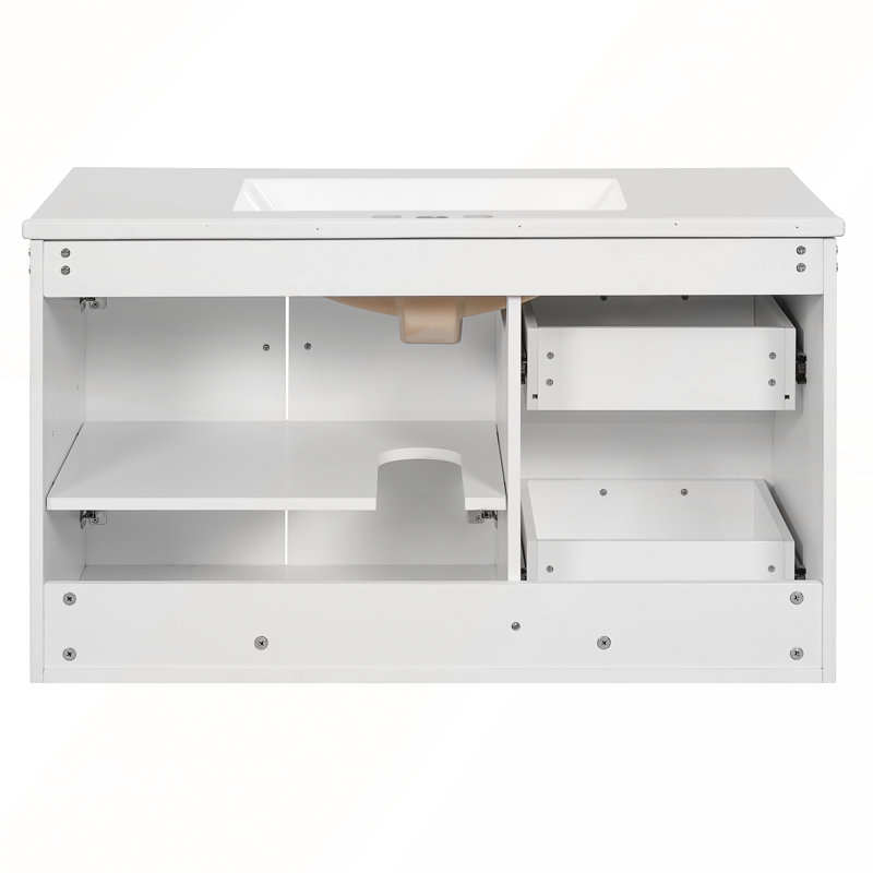 Meuble-lavabo mural 36 po, rangement flottant avec 2 tiroirs et lavabo en céramique 3 trous, Blanc