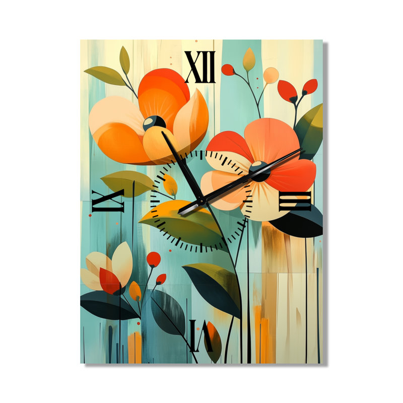 Panneau de papier peint rétro coquelicot II - Horloge murale silencieuse de style milieu du siècle