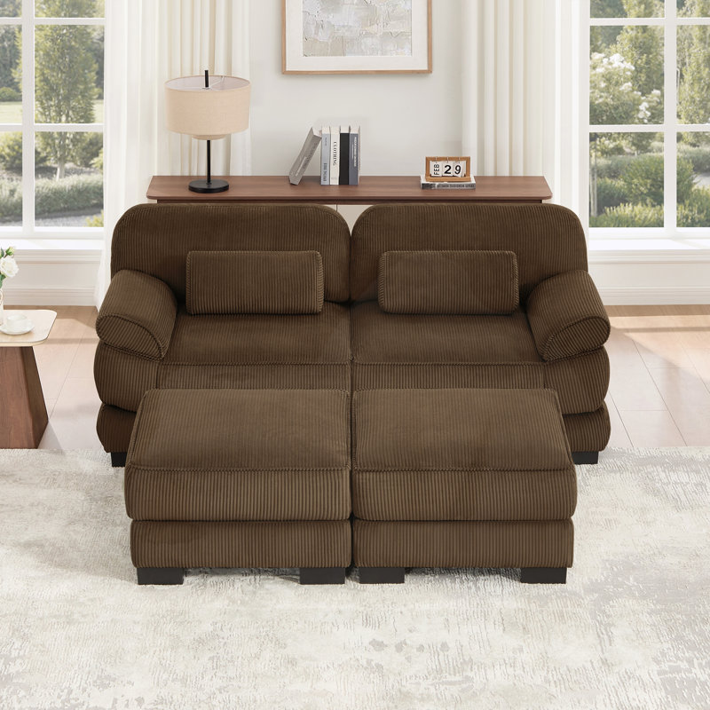 Canapé 2 places avec 2 repose-pieds, coussins de siège épais et confortables pour le salon, Brown Corduroy
