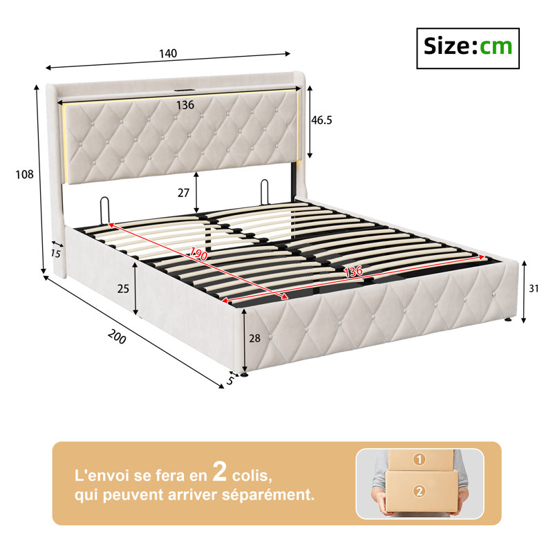 Upholstered Velvet Lift Up Storage Bed, Double (4'6)