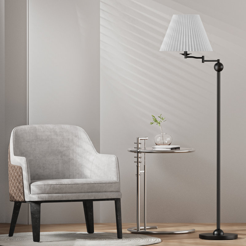 64.25" Black Modern Swing Arm Floor Lamp Metal Body Foot Switch Linen Drum Shade Tall Standing Corner Lamp for Living Room Bedroom Reading