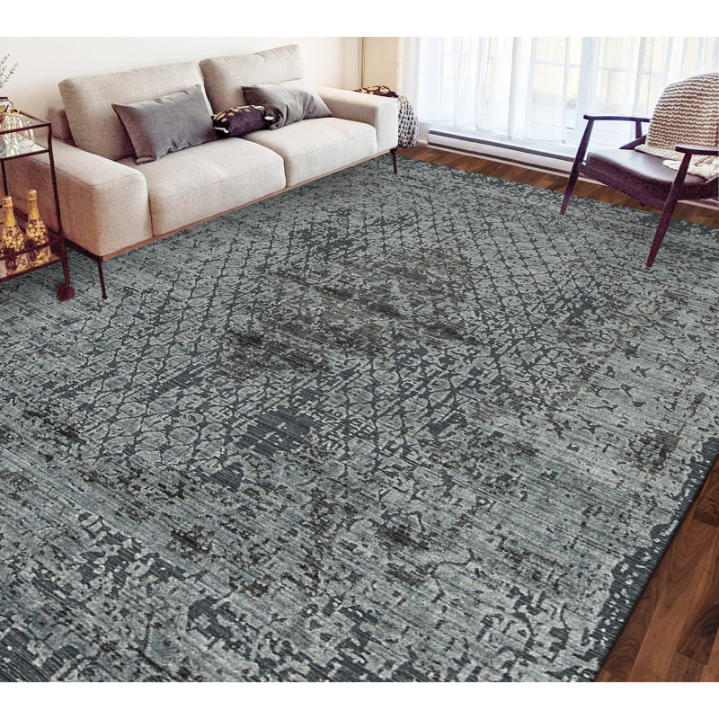 Tapis bleu foncé noué à la main de haute qualité, Rectangle 6 pi x 9 pi