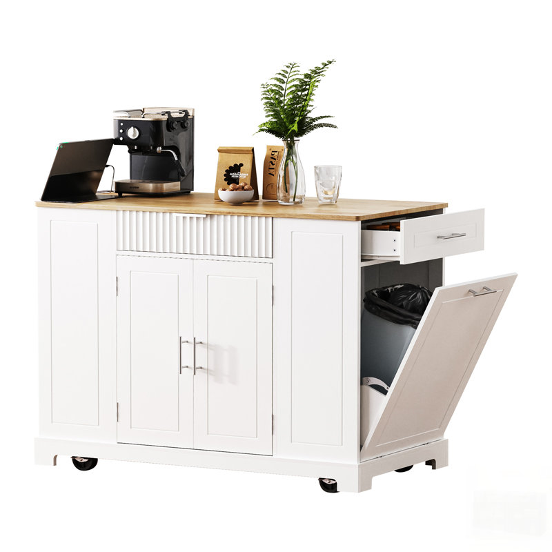 Îlot de cuisine cannelé avec rangement pour poubelle, prise de courant et roulettes pour plus de fonctionnalité et de mobilité