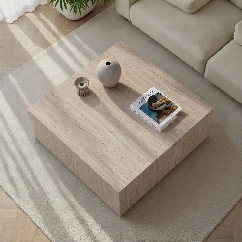 Table basse moderne, travertin, 35,4 x 35,4 x 19,7 pouces | 100% panneau de fibres à densité moyenne, épaisseur: 0,7 pouce | Design élégant en marbre, parfait pour le salon et les espaces contemporains, meuble élégant et durable