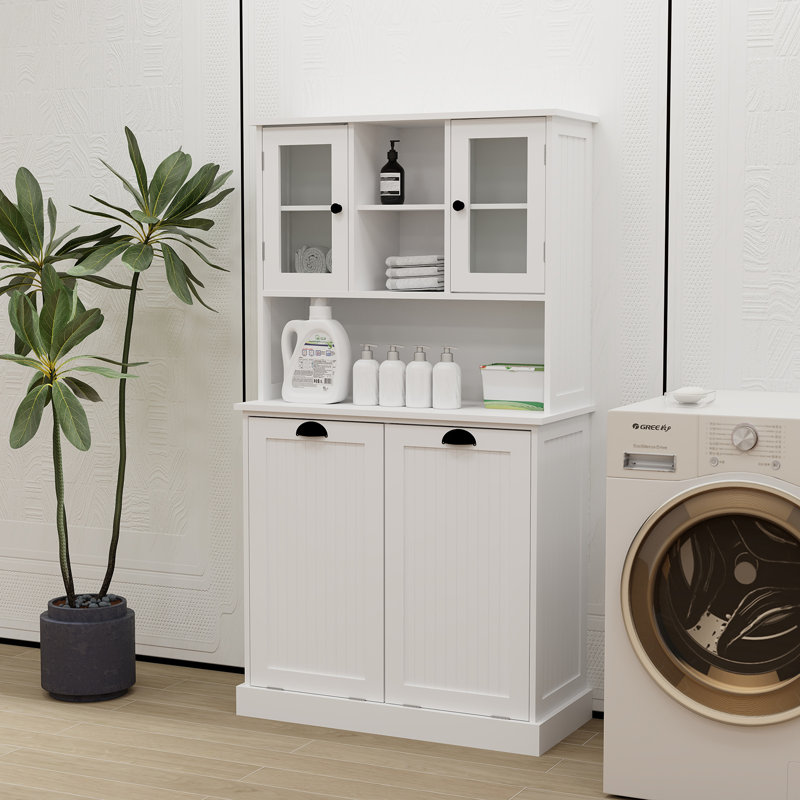 Wooden MDF Laundry Storage Cabinet with Removable Bags, UV Painted Bathroom Organizer with Top Shelf, 100lb Capacity