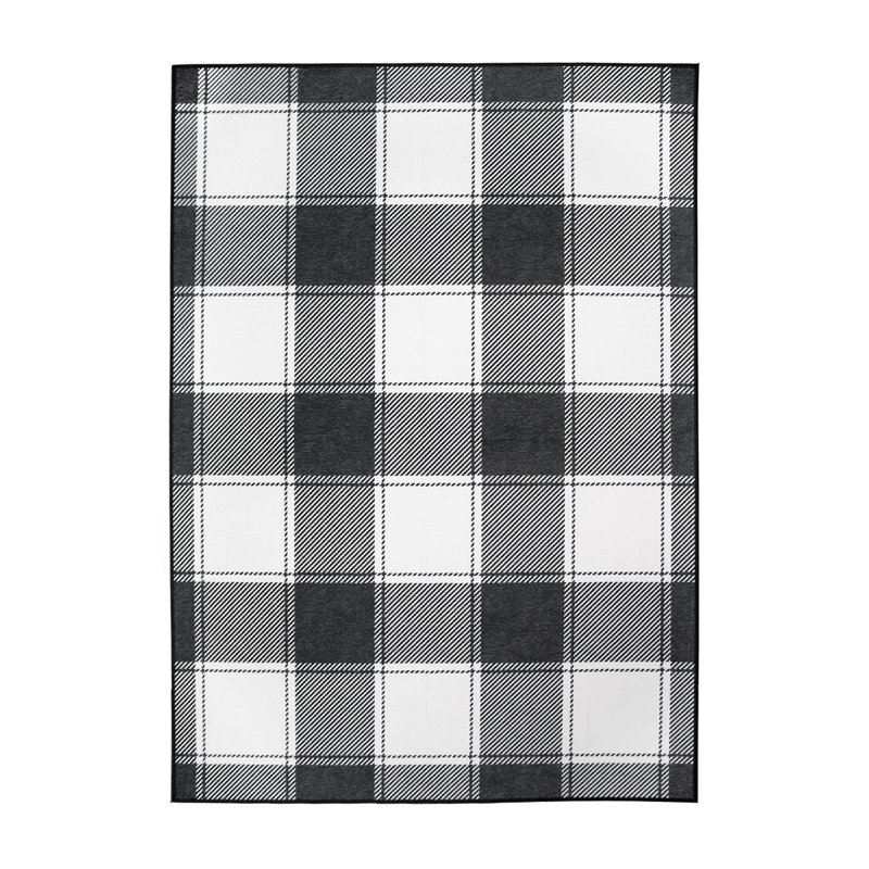 Buffalo Plaid Black And White Flatweave Washable Indoor / Outdoor Rug, Rectangle 5' x 7'