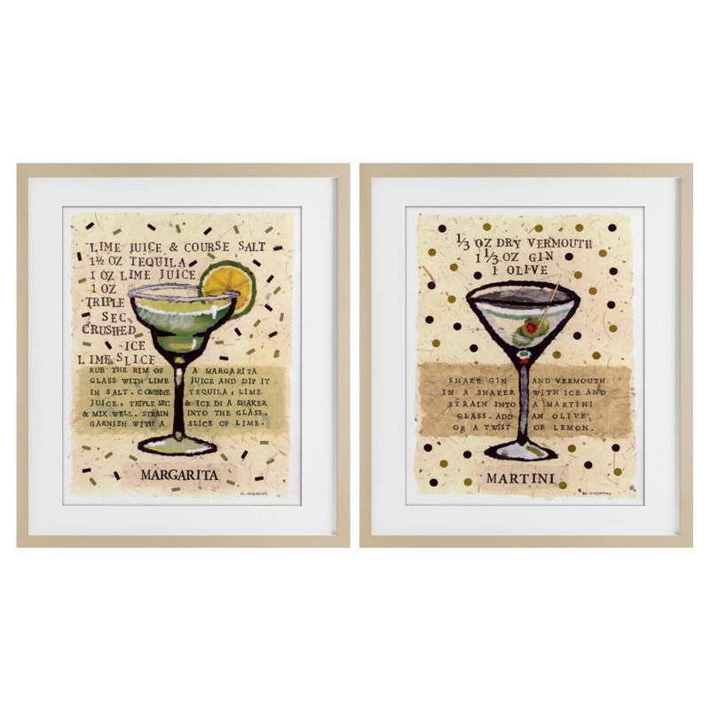 Margarita & Martini Recipes, ensemble de 2 reproductions encadrées sous verre, design par Nancy Overton, H 21 po x l 17 po