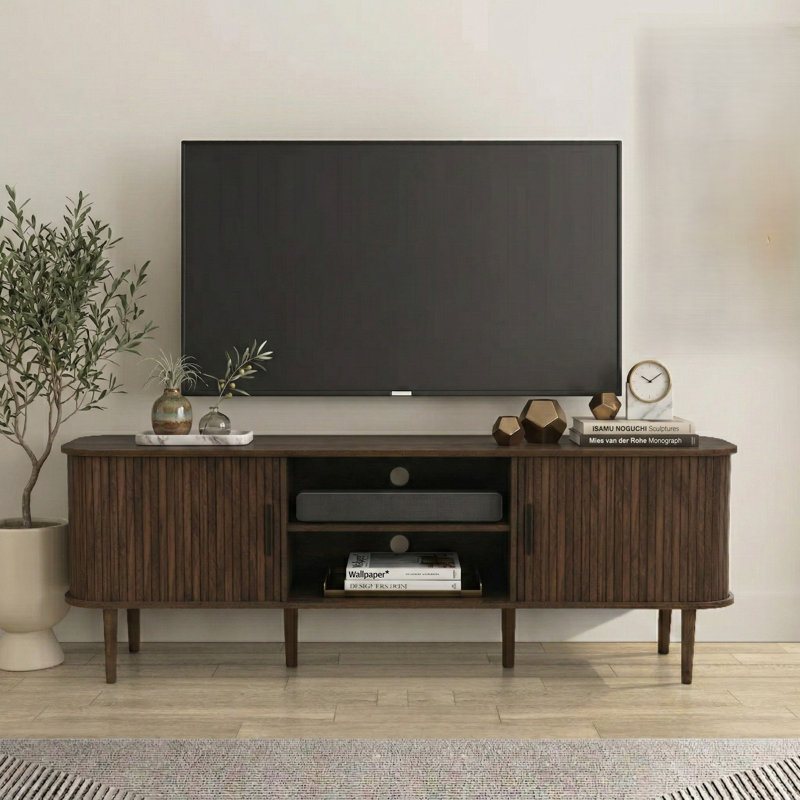 Aguilera 67.7" W Mid Century Modern TV Stand with Storage and Shelves to fit up to 75" TVs, Walnut