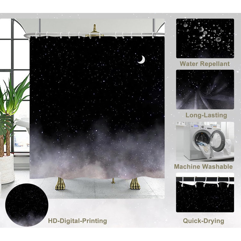 Pack of 1 Starry Sky Moonlit Night Minimalist Fabric Bath Curtain with Hooks, 152.4cm H x 182.88cm W