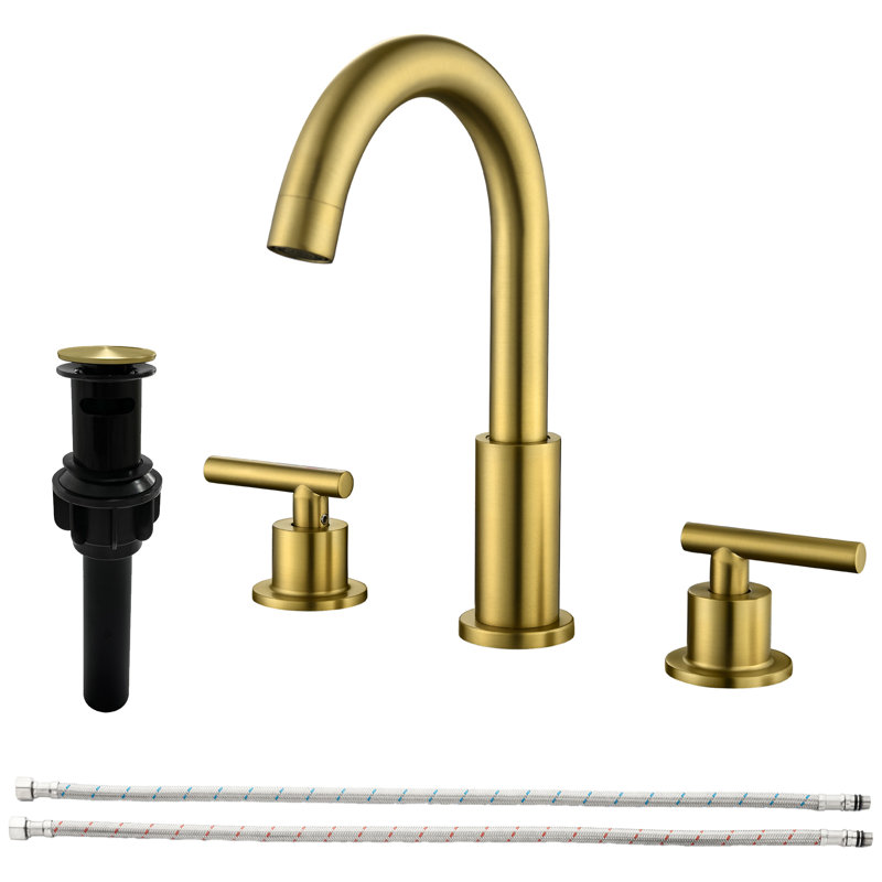 8 In. Widespread Double-Handle Bathroom Faucet Set 3-Holes Vanity Sink With Metal Drain, Brushed Gold