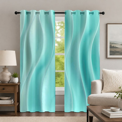 2Pcs Cyan Wave-Pattern Curtains, Minimalist Style Curtain, Contemporary Solid Color Fluid Gradient Printed Art Grommet Drapes, Window Treatment for Bedroom Living Room Decor