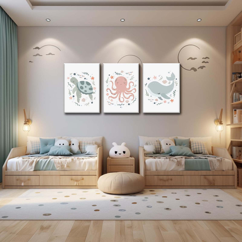 Ocean Nursery Decor, Set Of 3 Room Sea Animal Wall Art Picture Canvas Prints, Framed, 60 cm H x 120 cm W