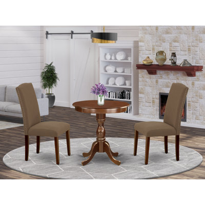 Ensemble de coin-repas 3 pièces pour petits espaces comprenant une table de salle à manger ronde avec piédestal et 2 chaises rembourrées en lin café foncé, 30 x 30 pouces, acajou