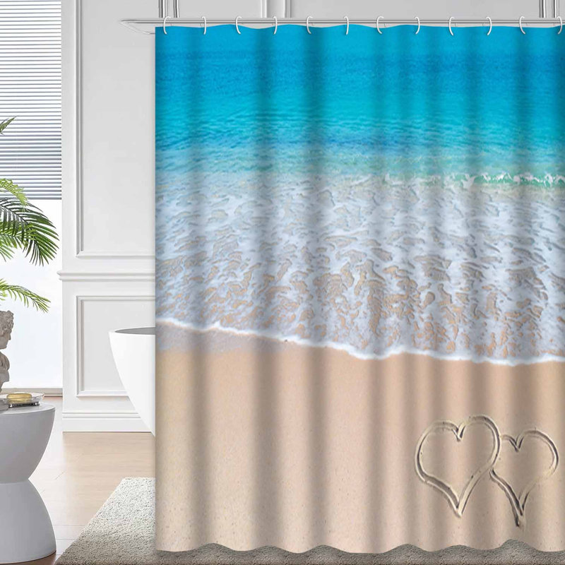 Turquoise, sable doré, sable doré, deux cœurs, plage dessiné avec 12 crochets, L 72 po x l 78 po