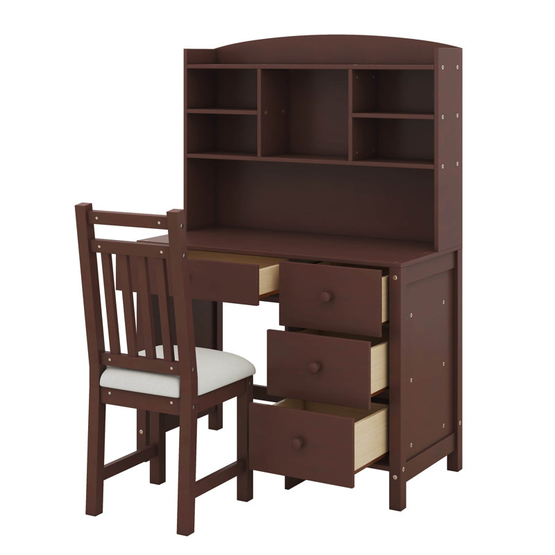 Ensemble de bureau d'écriture et chaise rembourrée avec bibliothèque, bureau d'ordinateur rétro 40 "avec 4 tiroirs, huche et chaise