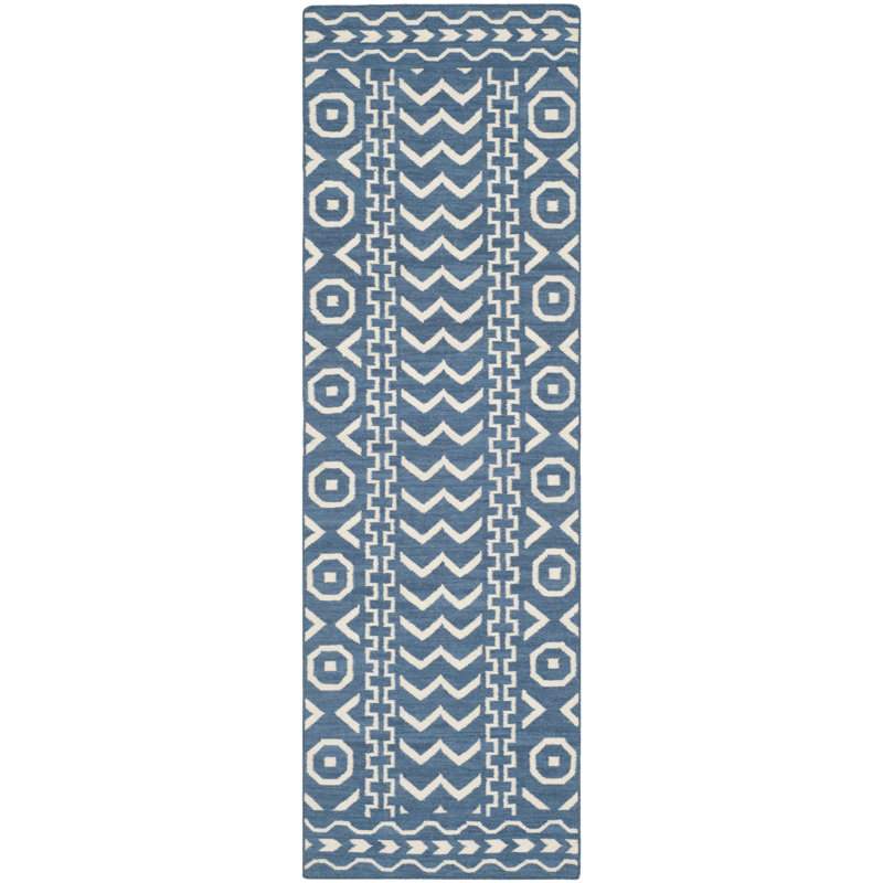 Rodgers Hand Woven Flat Weave Wool/Cotton Geometric Rug in Dark Blue/Ivory, Runner 2'6" x 8'
