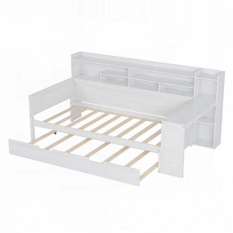 Lit de jour en bois avec tablettes de rangement, lit gigogne et bureau, Lit simple, Blanc antique