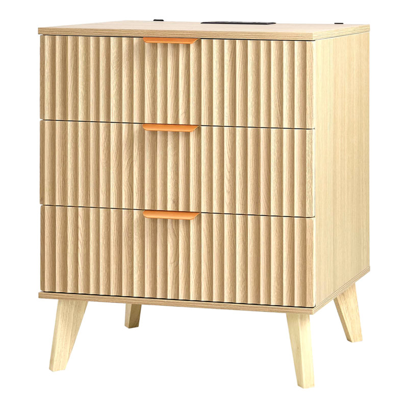 Table de chevet cannelée avec station de charge, avec 3 tiroirs, commode pour chambre à coucher, table de bout moderne Mid-Century, commode de table de chevet pour commode, pour chambre à coucher, salon, kaki