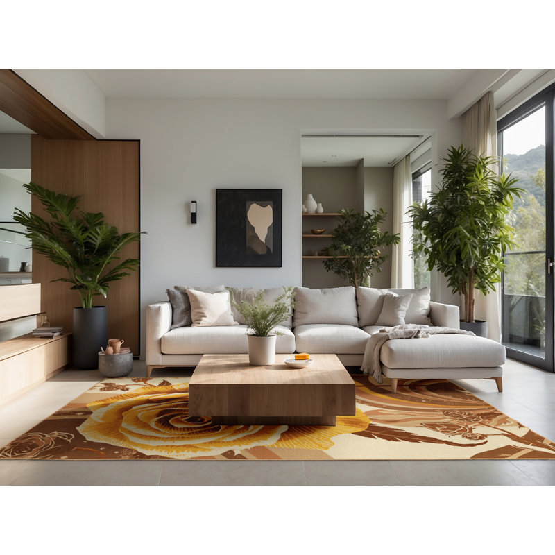Tapis éclectique à fleurs douces et douces à motif floral de roses jaunes - reliure brun clair, Carré 5 pi