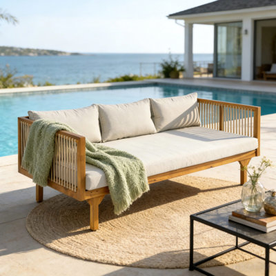 Canapé d'extérieur avec coussin gris clair et corde brun clair, finition en teck de bois d'acacia, tissu résistant à l'eau, capacité de 600 lb, pour le jardin, la terrasse ou la cour