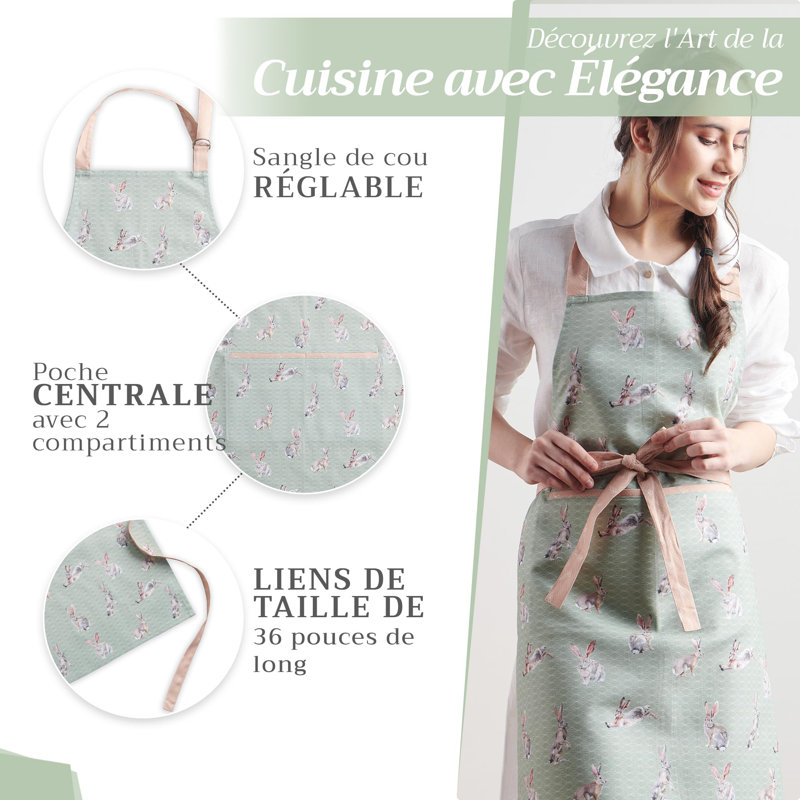 Maison d' Hermine Apron for women with Pocket 100% Cotton 27.50"x31.50" 1 Piece Adjustable Neck Strap & long ties Apron Men, Chef, Wedding, Cooking, Gardening, Server Spring/Summer (Rabbits At Dawn)