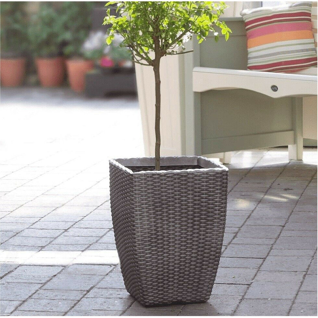 Large 42Cm Tall Rattan Pewter Square Planter Plant Pot Plastic Indoor / Outdoor