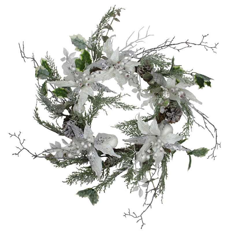 Couronne de Noël artificielle glacée blanche à poinsettias - non éclairée 22 pouces