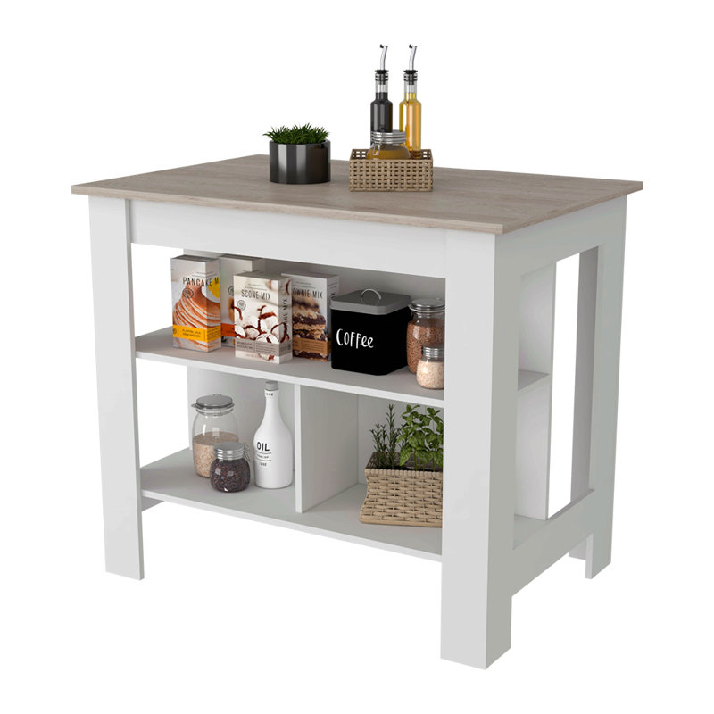 Îlot de cuisine porte antibactérienne, trois tablettes, finition gris clair / blanc