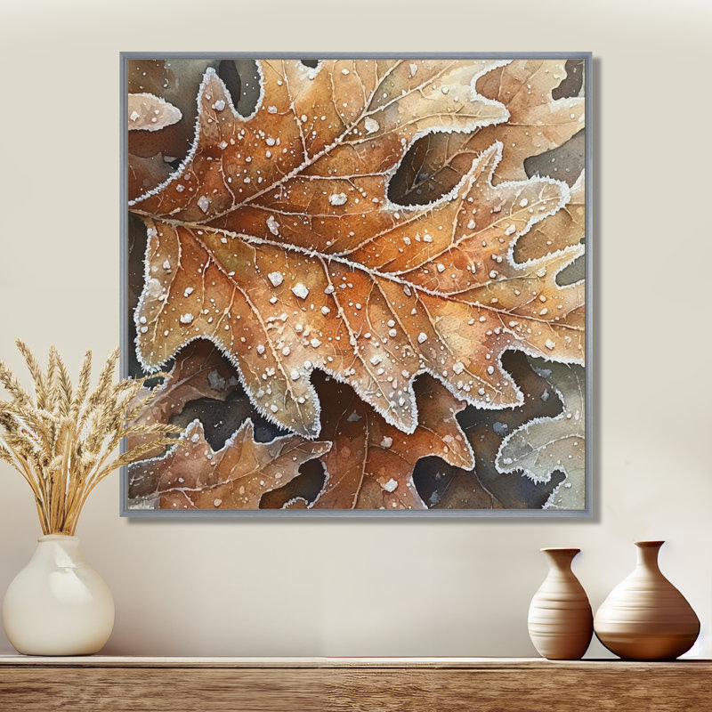 Frosty Oak Leaf III - feuilles, art mural, H 16 po x l 16 po, Impression encadrée flottante, Argent
