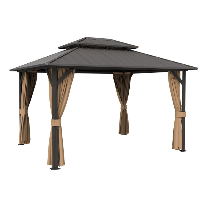 10x 14ft Double Roof Aluminum Gazebo With Galvanized Steel Roof, Privacy Curtains & Mosquito-netting For Patio, Garden & Backyard