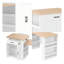 Îlot de cuisine extensible blanc avec tiroirs de rangement, armoires à deux portes et tablettes ouvertes - Table de salle à manger, bar et salon de thé polyvalents