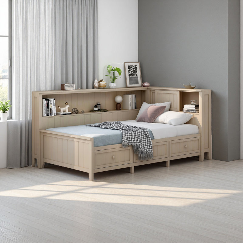 Lit de jour en bois avec tablettes de rangement, USB, DEL et lit gigogne, Lit simple, Lait blanc antique