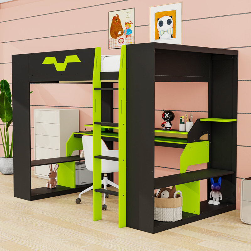 Full Wooden Loft Bed with Workspace, Power Hub, and Gaming RGB Lights, Green
