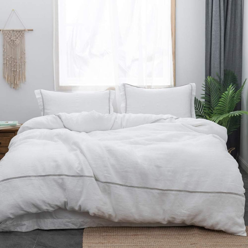 100% Linen Duvet Cover Set Comforter, White, Full Duvet Cover + 2 Standard Pillowcases