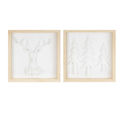Framed Holiday Deer and Tree Artwork (Set of 2)