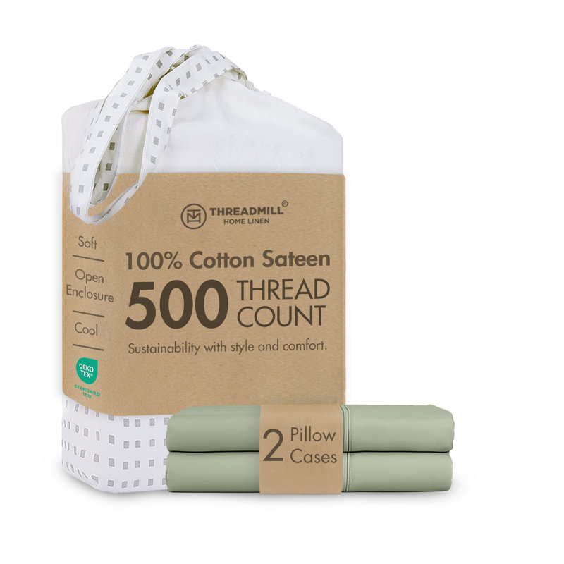 Ensemble de taies d'oreiller en satin de coton 500 fils Threadmill | Uni, jacquard et rayures, Vert sauge uni