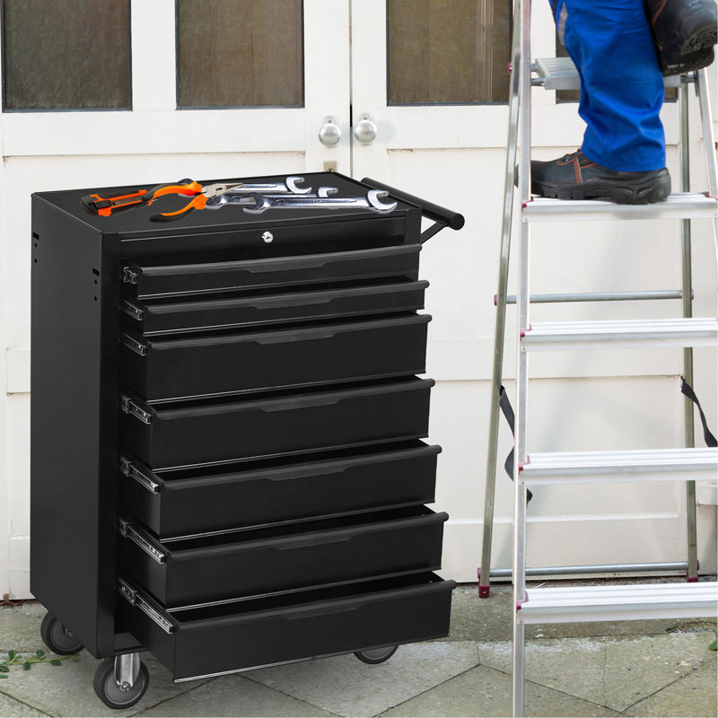Armoire à outils à 7 tiroirs, coffre à outils en métal de grande capacité avec roulettes et verrouillage des cylindres, chariot à outils de rangement pour garage, entrepôt, atelier