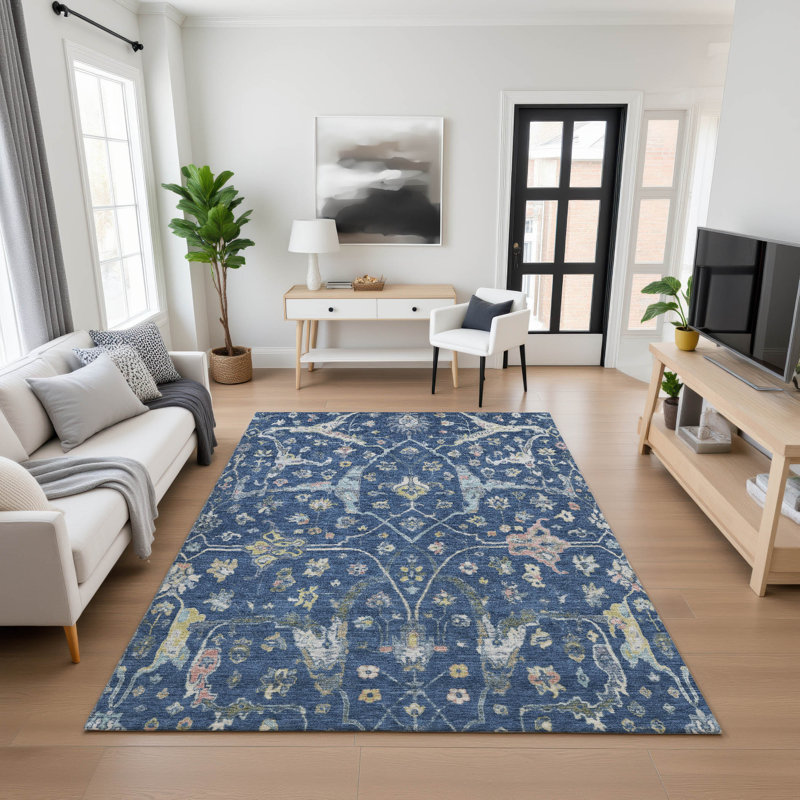 Premium Machine Washable Mayfield AMF2233 Global Rug, Navy, 10' x 14'