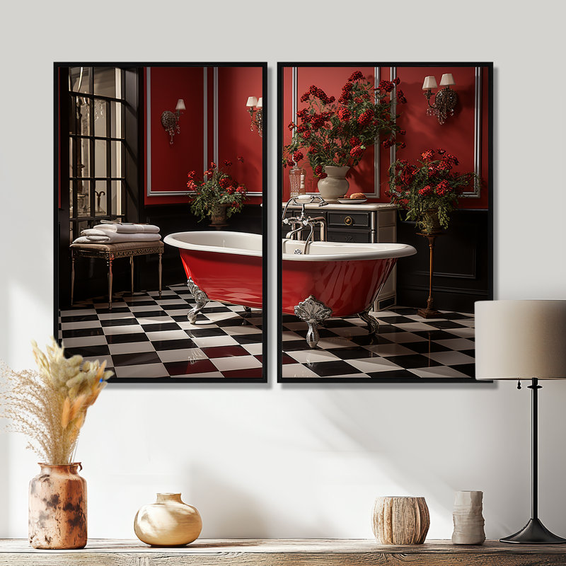 Rouge moderne, charme de salle de bain IV - Art mural traditionnel, Black, 36" H x 48" W, Impression encadrée flottante