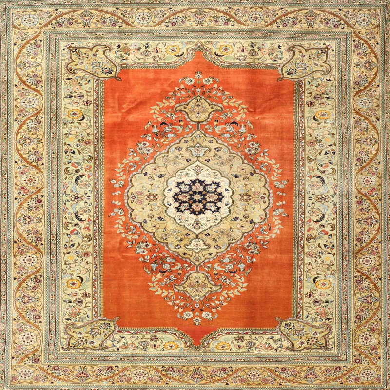Tapis oriental orange / crème / beige, Carré 8 pi